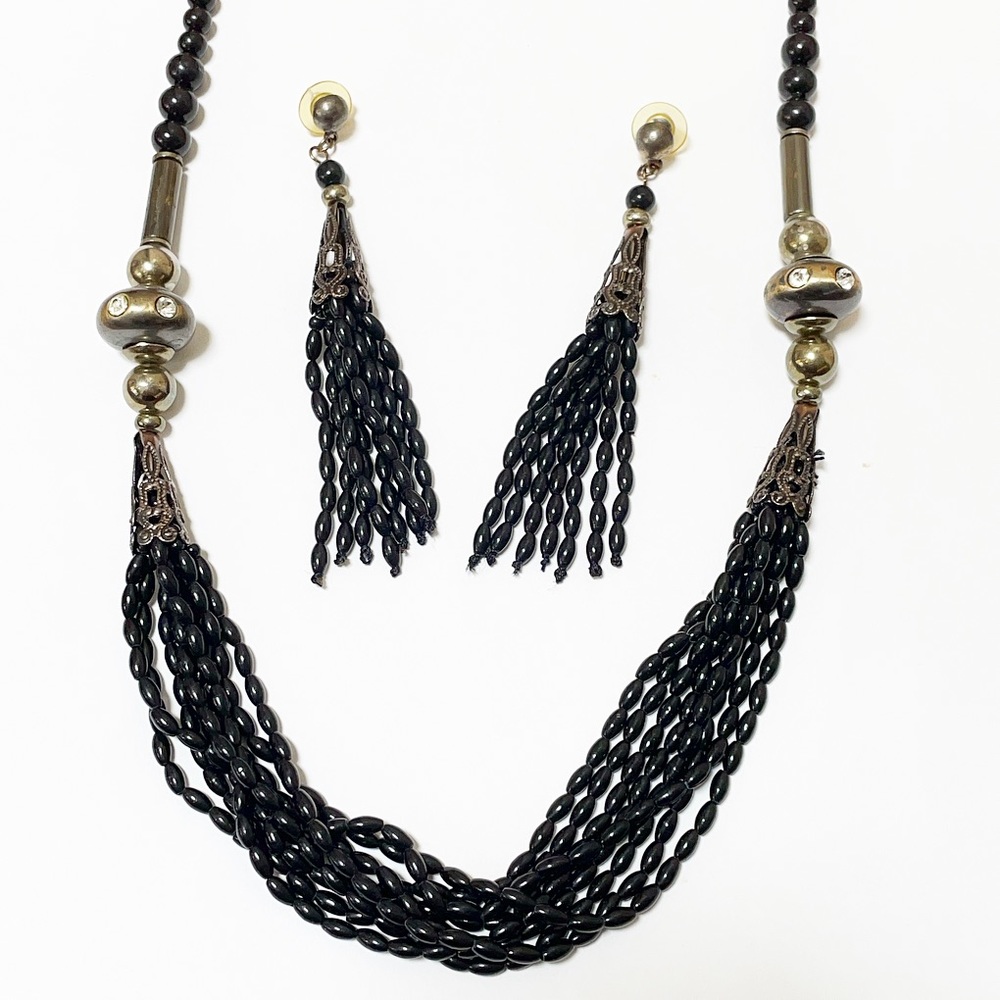 Vintage black beaded matching necklace and earrings set